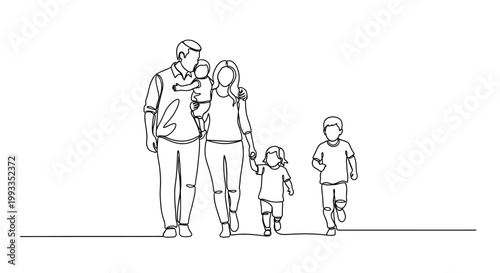 Continuous line drawing of a happy family with four children walking together, minimalist style