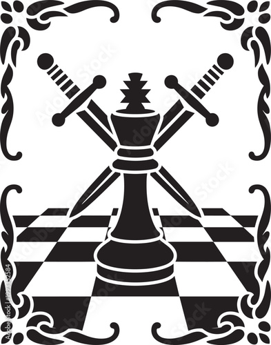 Bold Stencil Cutout Vector Graphic of a Chess King with Crossed Swords with chess piece, clip art, and black