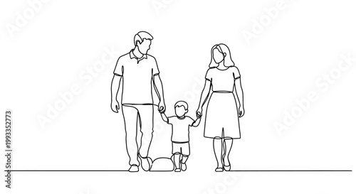 Continuous Line Drawing: Family Walking Together, Parents Holding Child's Hands, Minimalist Art