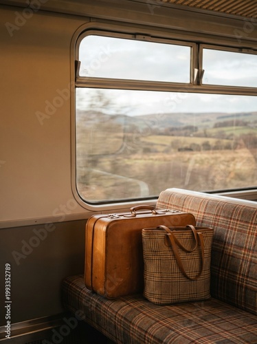 Vintage luggage rests near a train window offering a scenic view of rolling hills and fields. The interior of the train is cozy, with a plaid patterned seat.