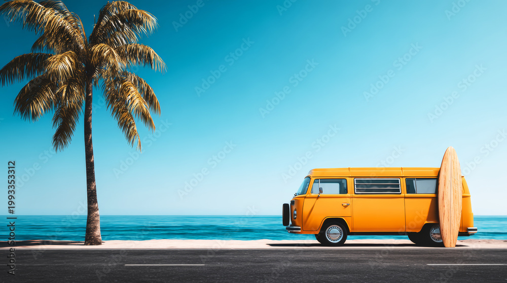 Fototapeta premium Orange vintage van with surfboard parked at a tropical beach, clear blue sky over calm ocean, summer holiday destination