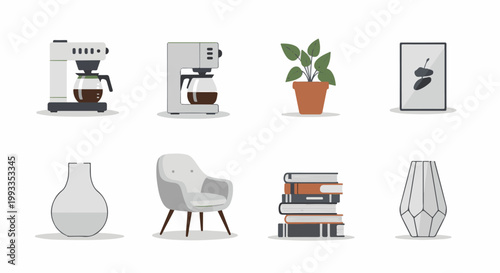Minimalist icons coffee makers, plant, framed art, vase, chair, books, decorative vase