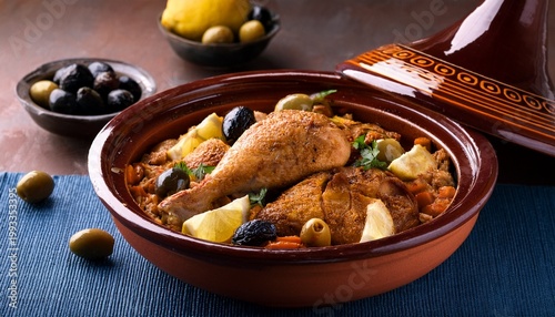 a classic moroccan chicken tagine prepared with olives and preserved lemons captured in selective focus