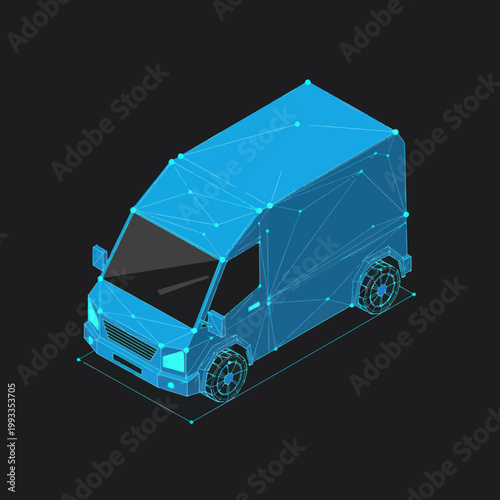 Isometric Blue Van Wireframe Illustration on Dark Background.