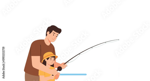 Father son fishing, cartoon illustration, vector, leisure activity, outdoor fun