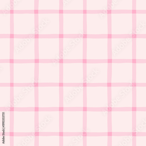 Spring hand-drawn delicate pink grid seamless pattern. Minimalist windowpane check background. Simple geometric ornament for textile, wrapping paper, wallpaper, scrapbooking, stationery. Vector design