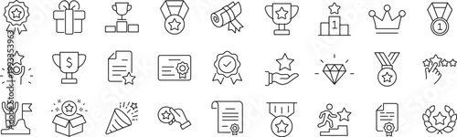 Reward set of web icons in line style. Editable stroke. A collection of linear icons representing various reward concepts, including gift, trophy, recognition, reward program, medal, bonus, and more.