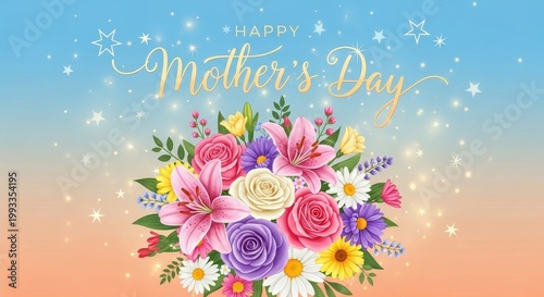 Vibrant watercolor bouquet of pink, purple, and yellow flowers with happy mother's day text on blue sky background
