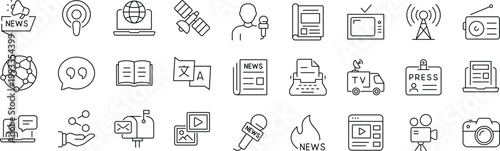 News media Web Icon Set in Line Style. Editable Stroke Collection of Mass media Linear Icons, Including tv, radio, newspaper, magazine, news, broadcasting, press, interview, journalism and more.