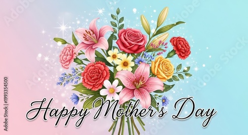 Vibrant watercolor bouquet of roses, lilies, and daisies with happy mother's day greeting on pastel background