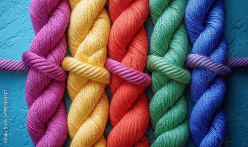 Colorful Ropes Intertwined on Blue Textured Background