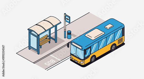 Isometric illustration of a bus at a bus stop with a bench and bin