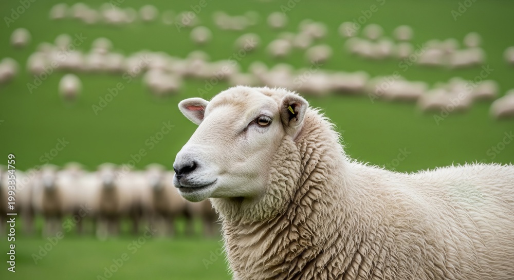 Obraz premium Portrait of woolly sheep standing in green meadow with large flock blurred in background representing livestock farming and sustainable agriculture production.