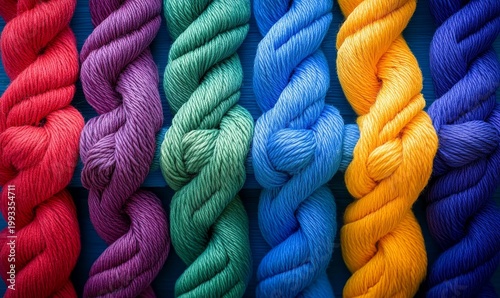 Colorful Twisted Ropes Against Blue Wooden Background