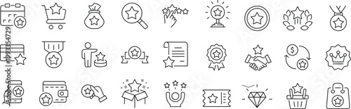 Benefit set of web icons in line style. Editable stroke. Exclusive benefits linear icon collection. Containing reward, bonus, loyalty, star, winner, award, prize, incentive, reward and more.