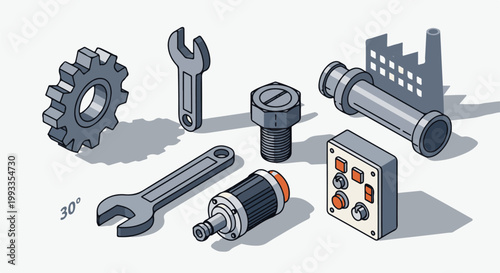 Isometric industrial tools and machinery components arranged on a white background