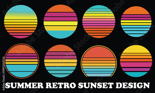 Summer Retro Sunset Design - Vintage 80s sun with colorful horizontal stripes and teal gradient