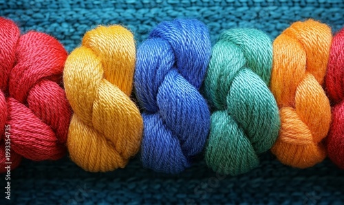 Colorful Twisted Yarn Bundles on Blue Background