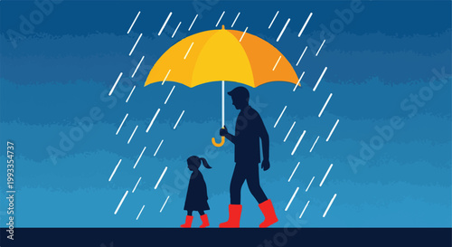 Father and Daughter Walking in Rain. Silhouette Illustration. Flat Vector Art. Rainy Day Concept.