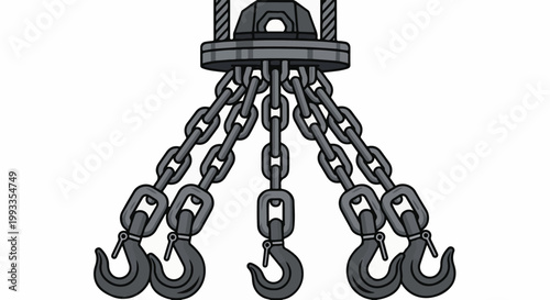Heavy industrial rigging with multiple strong chains and curved hooks suspended