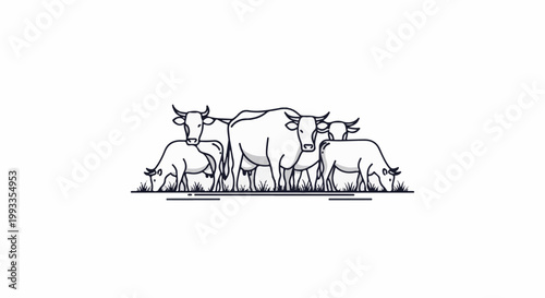 Herd of cows grazing in a grassy field, depicted in minimalist line art style