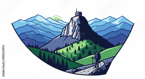 Hiker ascends a mountain path towards a peak with a building, surrounded by layered blue mountains