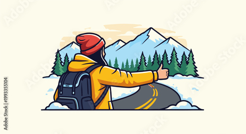 Hiker in yellow coat and red hat with backpack thumbs up on snowy mountain road