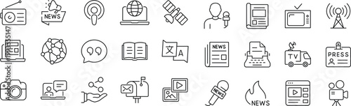 News media Web Icon Set in Line Style. Editable Stroke. Collection of Mass media Linear Icons, Including tv, radio, newspaper, magazine, news, broadcasting, press, interview, journalism and more.