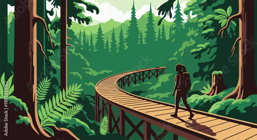 Hiker traverses elevated wooden walkway through dense, verdant forest landscape
