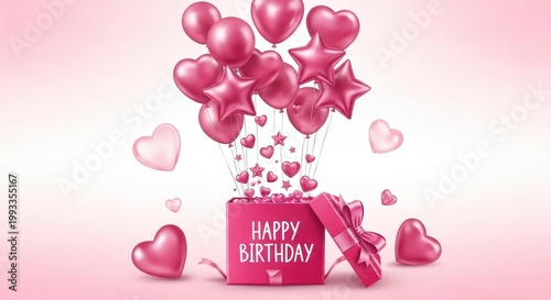 Pink birthday gift box with floating balloons, hearts, and confetti on light background, celebration present