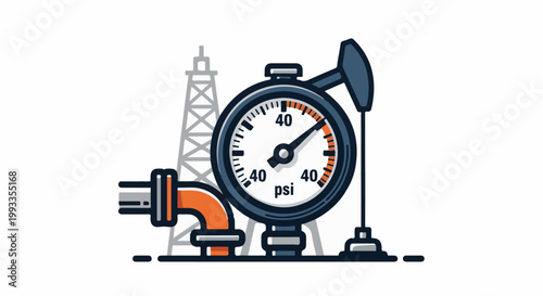 Industrial gauge on pipeline, with oil rig and pumpjack icons