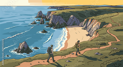 Hikers on a coastal path with ocean, beach, and cliffs under a golden sky