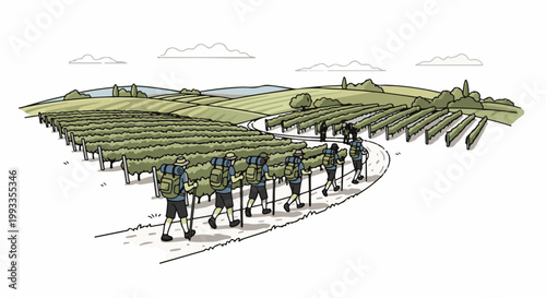 Hikers traverse rolling hills past vineyards under a cloudy sky