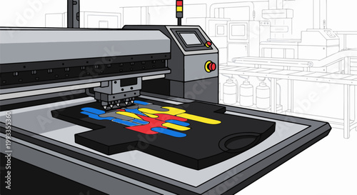Industrial textile printer applying colorful ink onto a black t-shirt
