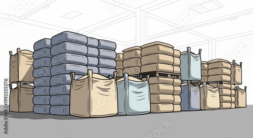 Industrial warehouse interior showcasing stacked sacks of materials, including bulk bags