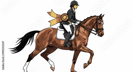 Horse and rider in formal attire with a rosette, engaged in a competitive equestrian event