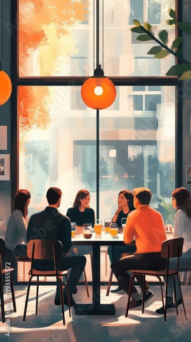Group of Friends Enjoying Drinks at a Cafe with City View
