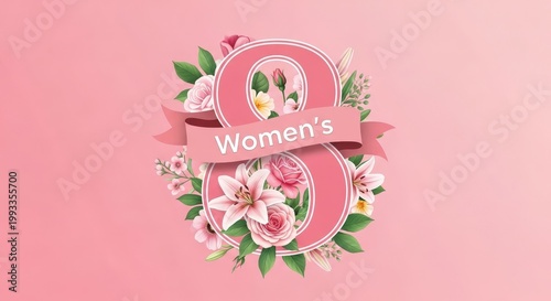Pink and white floral number eight with women's day ribbon flowers
