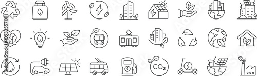 Green city Web Icon Set in Line Style. Editable Stroke. Collection of Green energy Linear Icons, Including renewable energy, autonomous building, air and water quality, zero waste, environmental.
