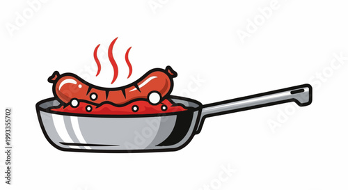 Hot sausage sizzling in a pan with bubbling sauce and steam rising