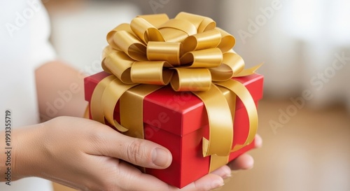 Hand holding a red gift box with gold ribbon and brown paper wrapping, close-up