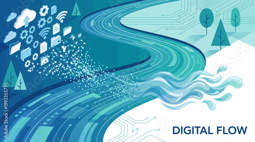 Digital Flow Visualization: A dynamic depiction of digital information flowing, a river of data coursing through a technological landscape, symbolic of connectivity, innovation, and the digital age.