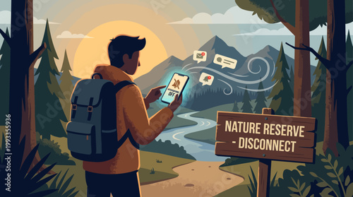 Digital Detox: A lone hiker pauses amidst the serene beauty of a nature reserve, momentarily torn between the allure of technology and the call of the wild. Reflecting on the digital age's embrace.