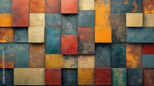 Textured Geometric Wall with Vibrant Colors and Rustic Details