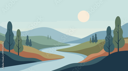 Serene Landscape Illustration: An abstract artwork presents a peaceful valley, river, and hills under a soft sun, offering a sense of calm and tranquility.
