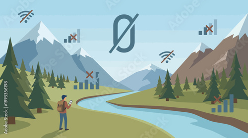 Digital Wilderness: A lone explorer navigates a remote, mountainous landscape, confronting the challenges of limited connectivity, symbolized by the no signal indicators.