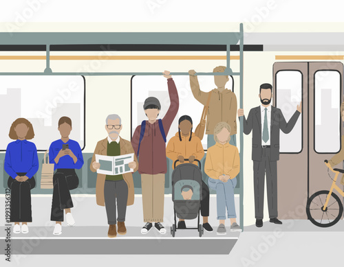 diverse people commuting on train, urban lifestyle