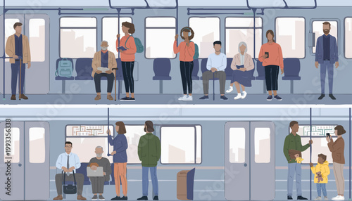 diverse people commuting on bus and train, urban lifestyle