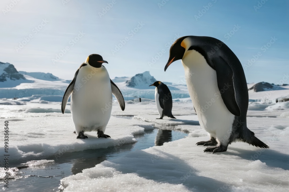 Obraz premium Emperor penguins standing on ice in a snowy Antarctic landscape with water and distant icebergs