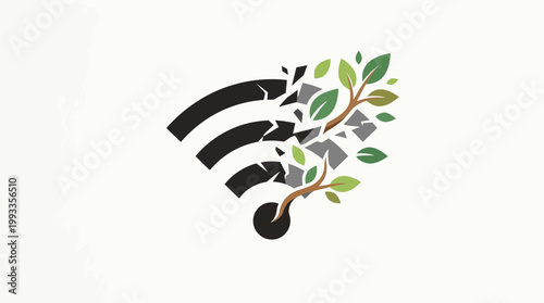 Digital Disconnect: The image presents a visual metaphor for the disruption of digital connectivity, contrasting it with organic growth and environmental consciousness.